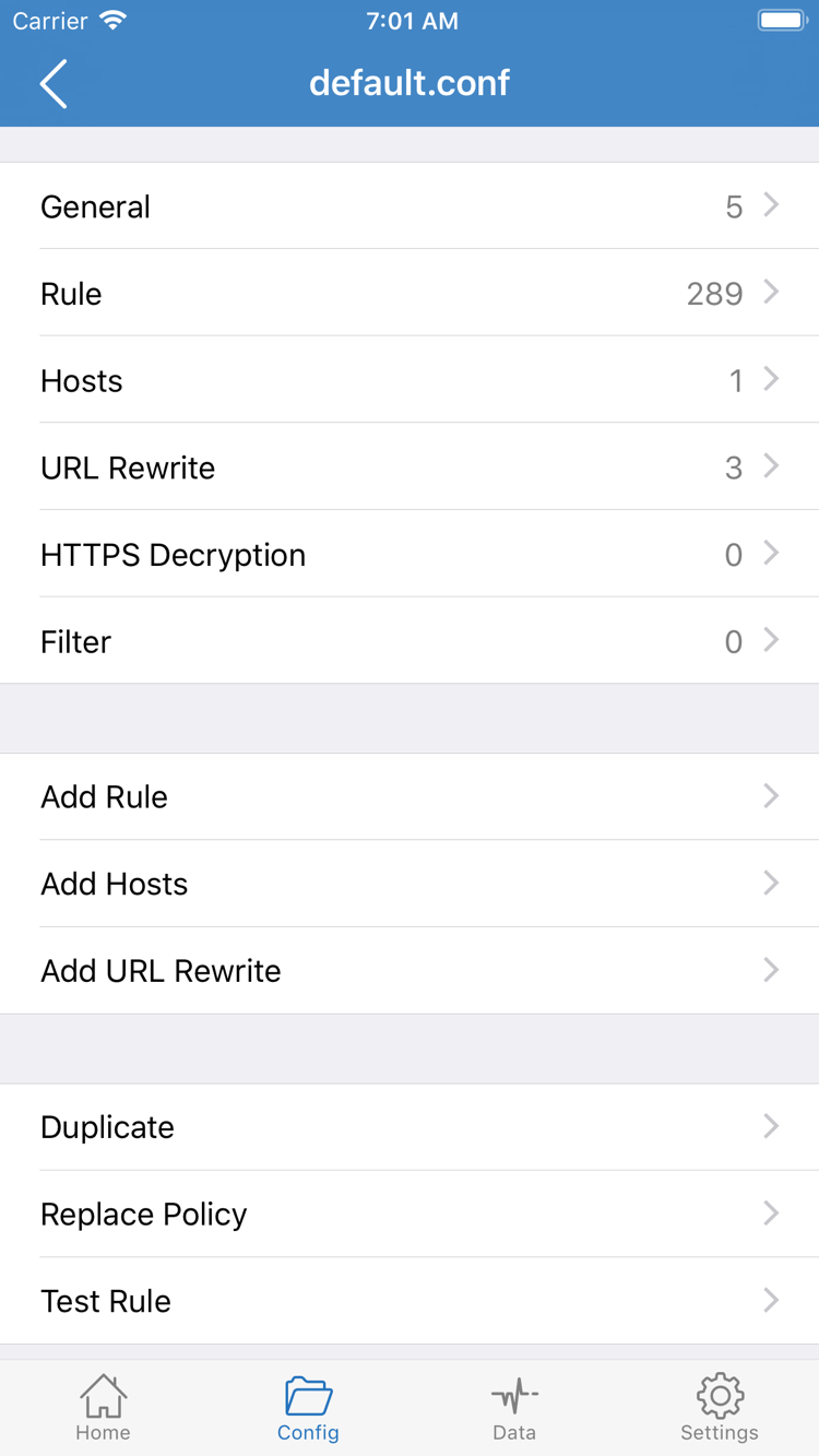 Shadowrocket Config 設定檔編輯頁面，顯示 General、Rule、Hosts、URL Rewrite、HTTPS Decryption 與 Add Rule