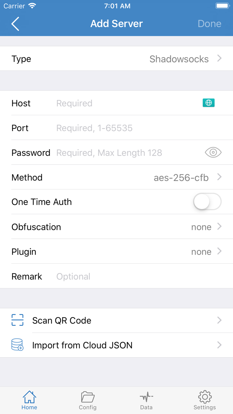 Shadowrocket Add Server 新增頁面，顯示 Type、Host、Port、Password、Method 與 Scan QR Code 入口