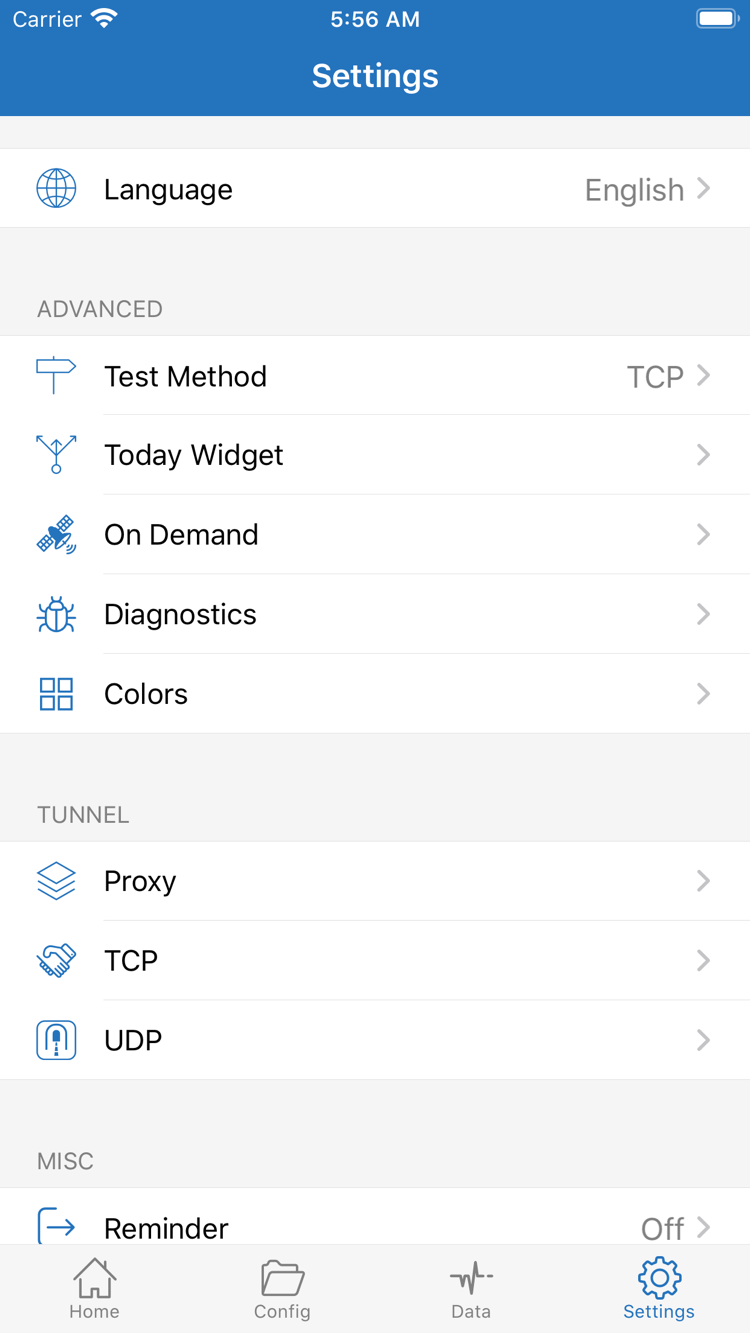 Shadowrocket Settings 設定頁面，顯示 Language、Test Method、Today Widget、On Demand、Diagnostics、Proxy、TCP 與 UDP