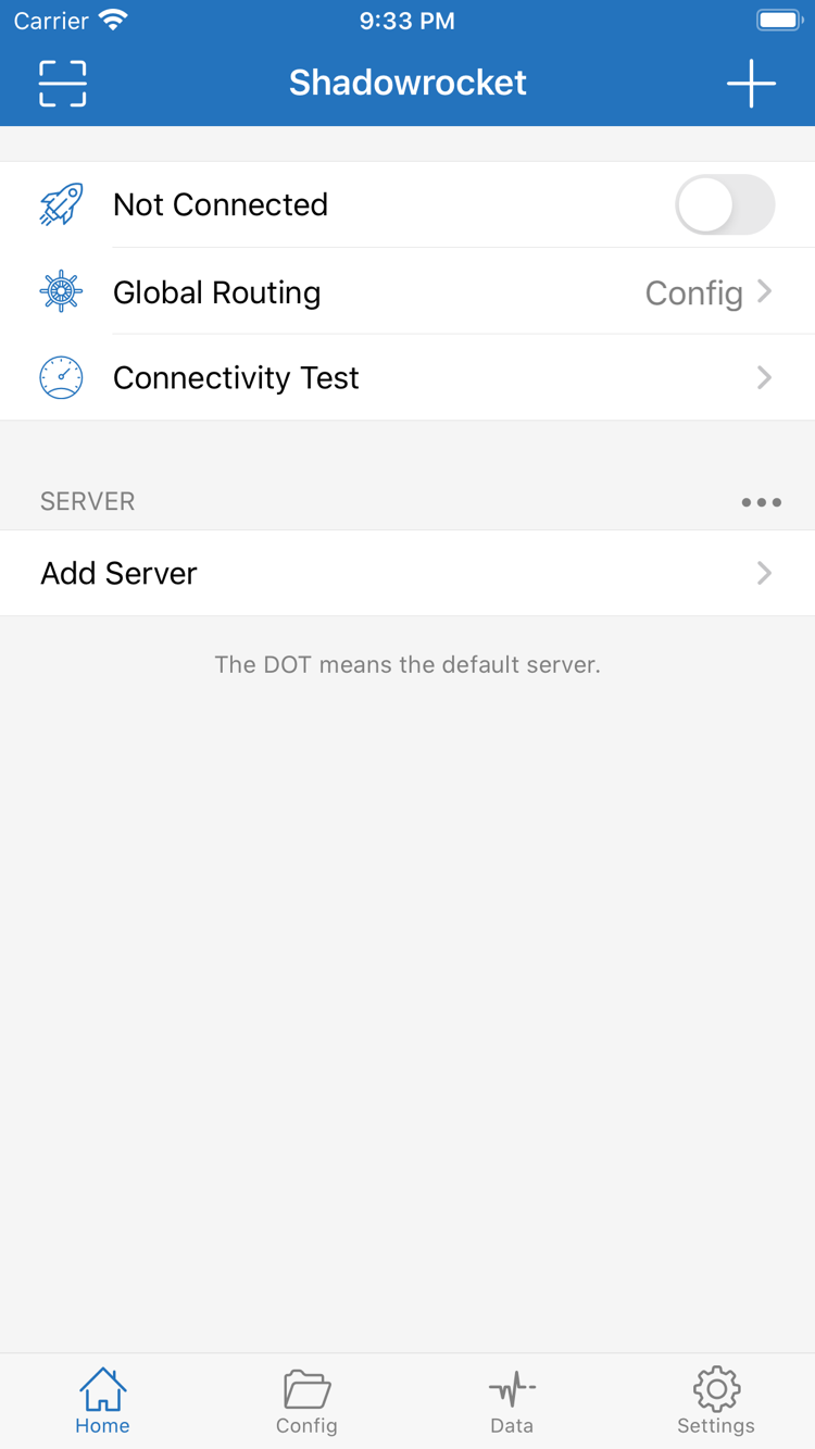Shadowrocket Home 頁面，頂端顯示 Not Connected 開關、Global Routing 與 Connectivity Test，下方為 SERVER 與 Add Server